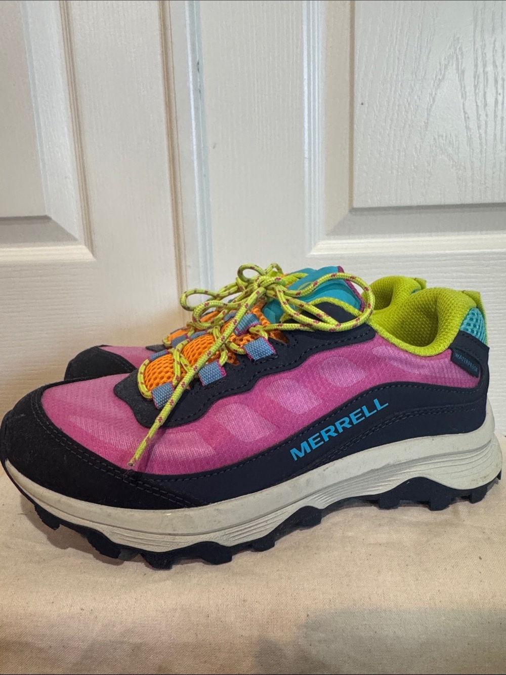 EUC. Merrell Girls Pink and Lime Green Trail Shoes Size 3